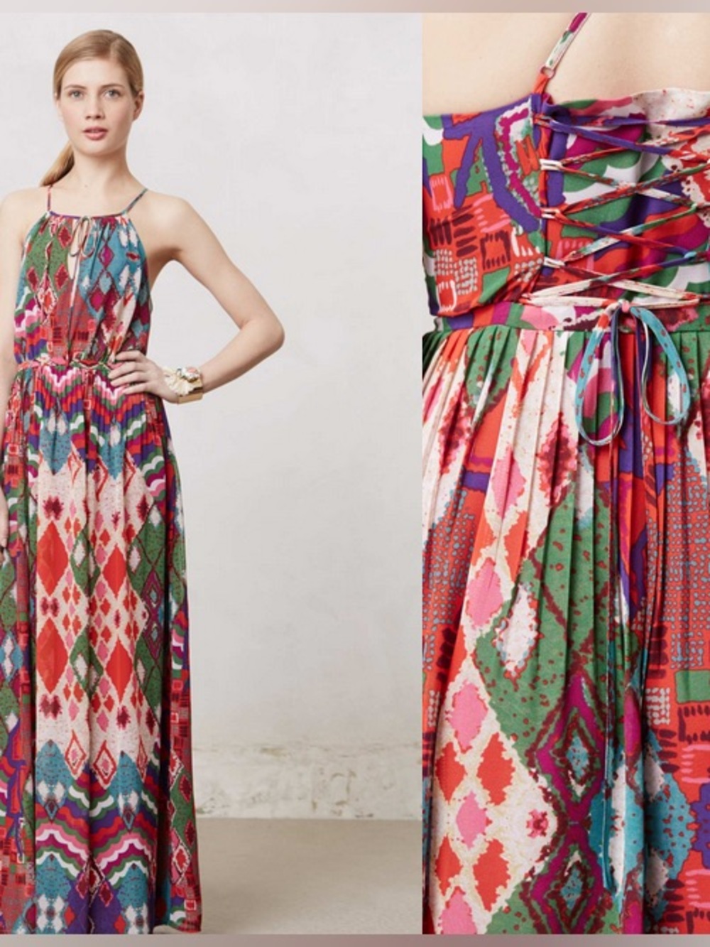 Maeve for Anthropologie Tarana Multicolor Lace-Up Halter Maxi Dress size 0